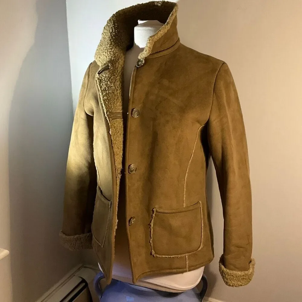 Fjall Sherpa Jacket, Small. Brown Pockets. Faux Suede, Shearling. Thick and warm